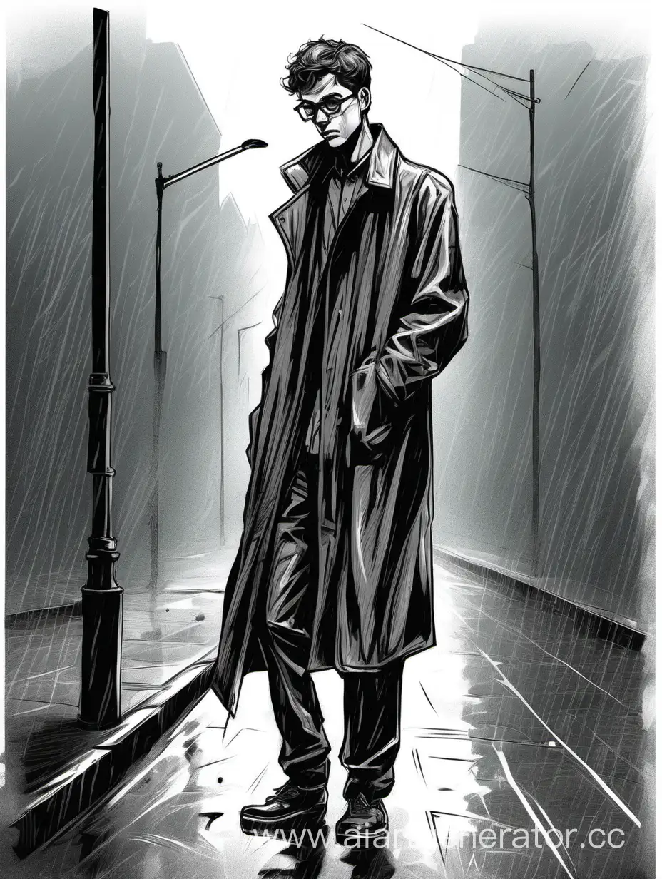 noir drawing style. a young guy with a thin build and glasses. I have a notebook in my hands. He is wearing Jo Paul's long wet raincoat. walking posture. He looks darkly thoughtful.