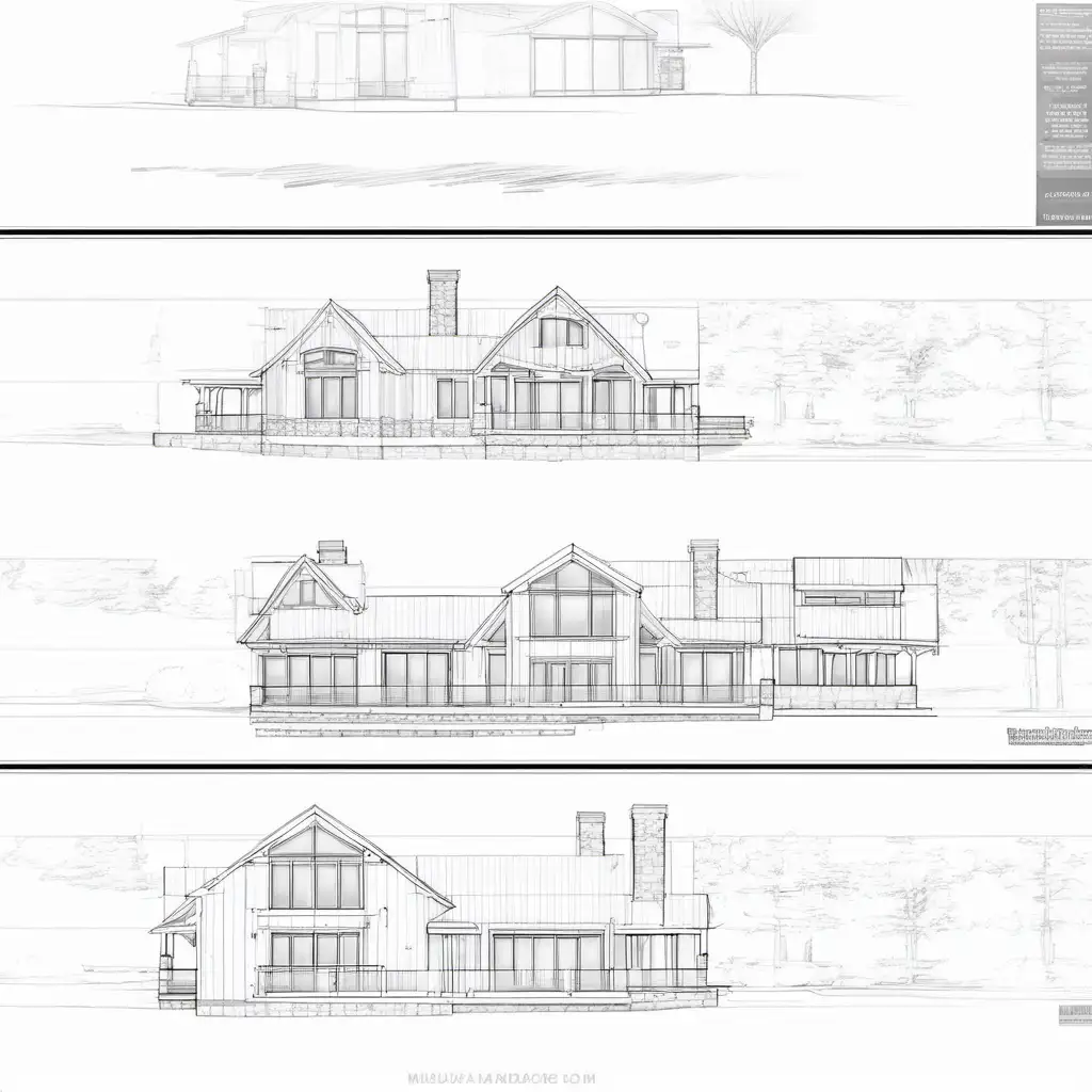 These are drawings of a cottage we’re planning to build in muskoca Ontario . It’s 3200 square feet on the water with large windows in the back. Can you generate realistic image of the finished cottage 