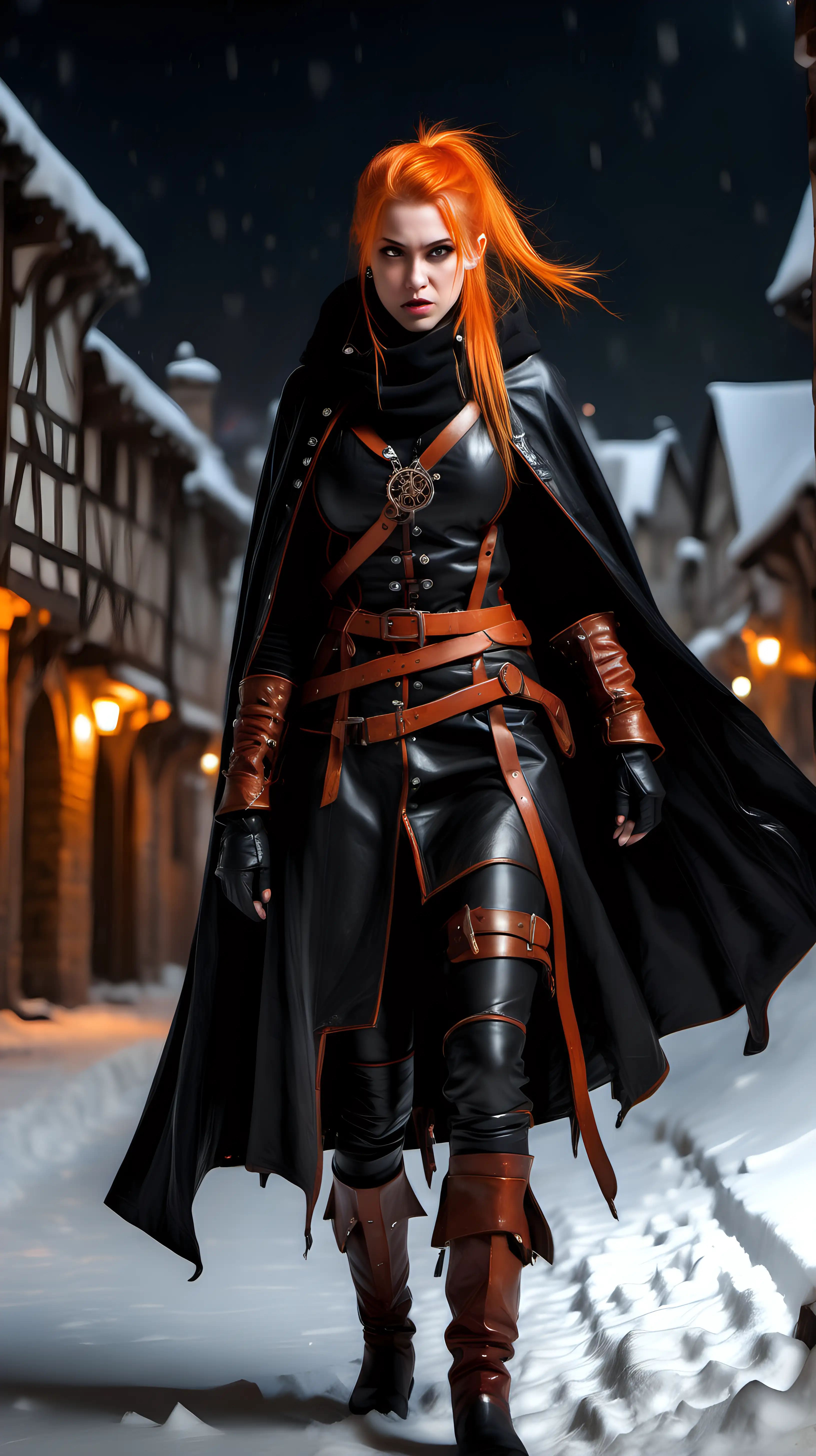 female rogue, angry expression, cute, strong,  brown, leather clothes, black leather boots, long black leather cloak, amulet necklace, small stud earrings, orange jewels, bright orange hair, ponytail, walking, medieval fantasy, medieval city exterior, heavy snow, very cold, night time, full-body photo, super-detailed, hyper-realistic