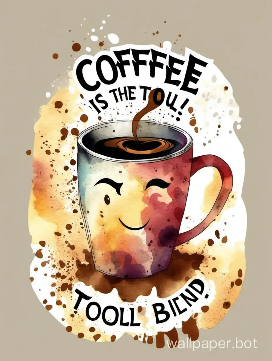 crazy drinking coffee, Create a vibrant and whimsical T-shirt graphic illustration that embodies the charm of the phrase 'coffee is the tool, but have you blend?' funny watercolor style