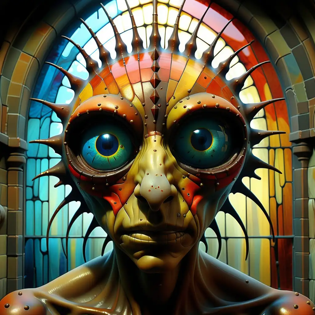 Ethereal Stained Glass Fantasy with Bizarre Animals and Dramatic Lighting