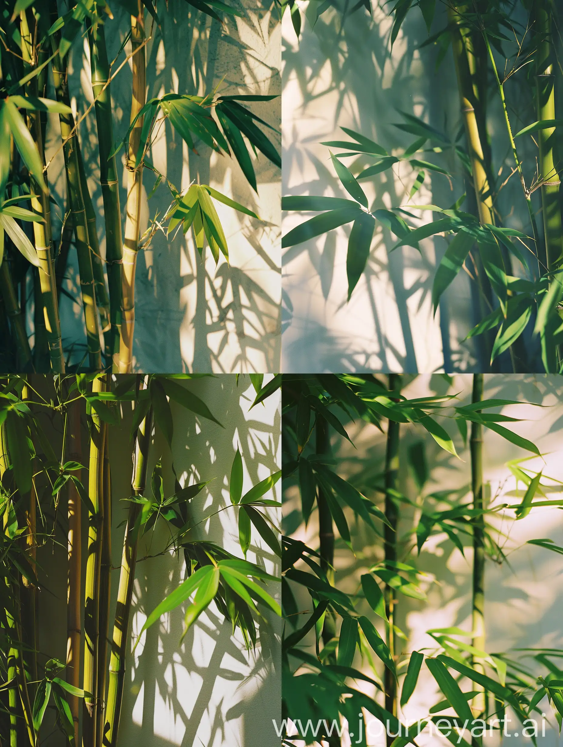 A close-up photo of leaves, tall green bamboo grove, the shadow casting on a white wall, fujiflm velvia, outdoor setting, sunbeams