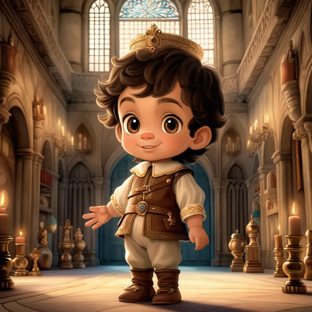 In a dimly lit medieval hall within the confines of a grand palace, a scene unfolds with charm and whimsy. At its center is a delightful three-year-old prince, his dark brown locks framing a cherubic face adorned with big, expressive brown eyes that twinkle with curiosity. His slightly protruding ears add to his endearing appearance as he embarks on a miniature adventure.  With the grace of youthful enthusiasm, the prince plays with wooden toys. Animated style