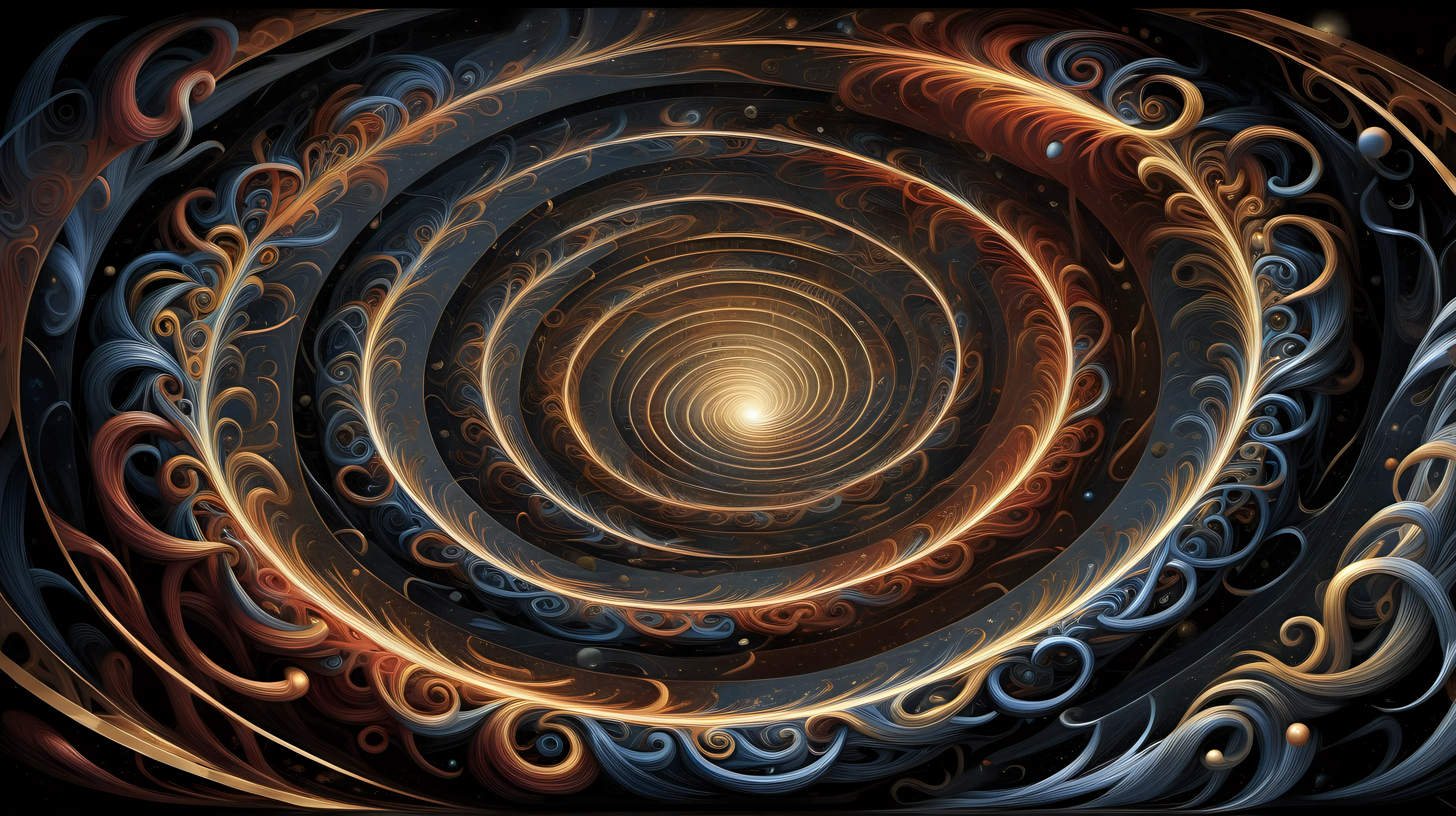 Concept: A surreal image depicting the transformation from chaos to organization, using mathematical symbols, light rays, and swirls to represent the different stages.  Elements:      Chaos:         A swirling vortex of dark, smoky colors, filled with fragmented shapes, mathematical symbols, and nonsensical equations.         Light rays pierce through the edges of the vortex, hinting at the possibility of order.     Transition:         The vortex begins to unravel, with tendrils of light pulling the fragmented shapes and symbols towards a central point.         The mathematical symbols start to align and form coherent patterns.     Organization:         A central sphere of light emerges, radiating outward and illuminating the scene.         The fragmented shapes have transformed into organized structures, resembling geometric shapes, celestial bodies, or even abstract forms.         The mathematical symbols form a harmonious composition, representing the underlying order of the universe.  Additional details:      Use a vibrant color palette with contrasting light and dark tones.     Play with the scale and perspective to create a sense of awe and wonder.     Incorporate elements of movement and flow to depict the dynamic nature of change.     Aim for a dreamlike and otherworldly atmosphere.