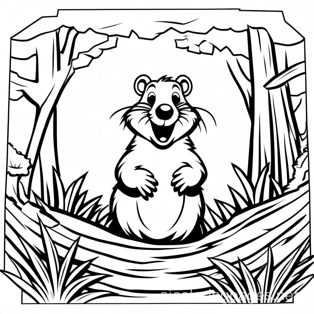 A smiling groundhog popping out of its burrow, Coloring Page, black and white, line art, white background, Simplicity, Ample White Space. The background of the coloring page is plain white to make it easy for young children to color within the lines. The outlines of all the subjects are easy to distinguish, making it simple for kids to color without too much difficulty