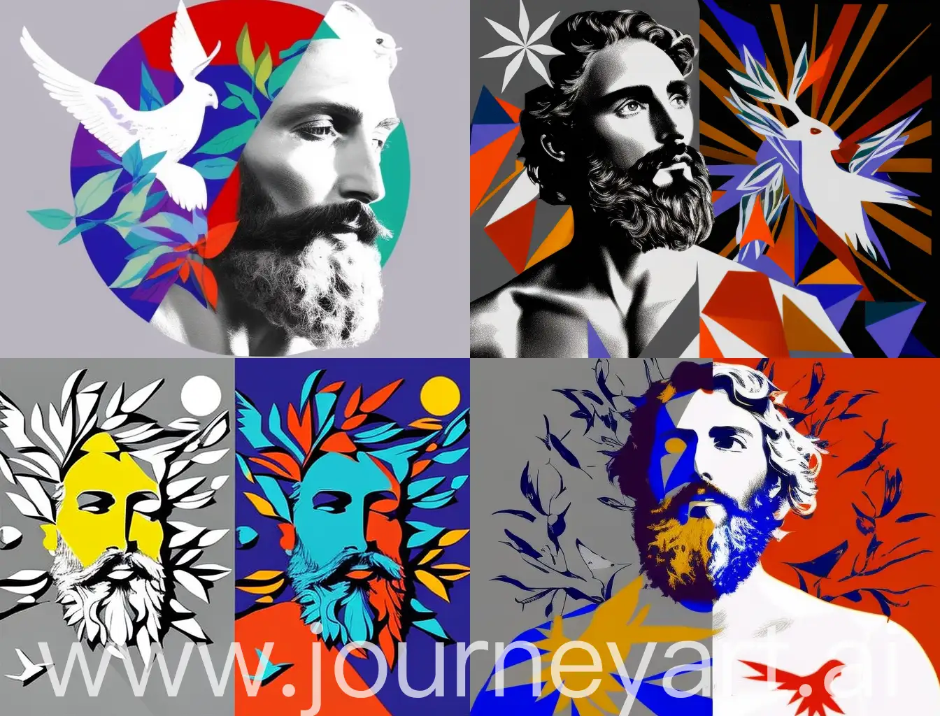 Colorful-Jean-Cocteau-Inspired-Art-with-Bearded-Men-Olive-Branches-Dove-Star-and-Sun