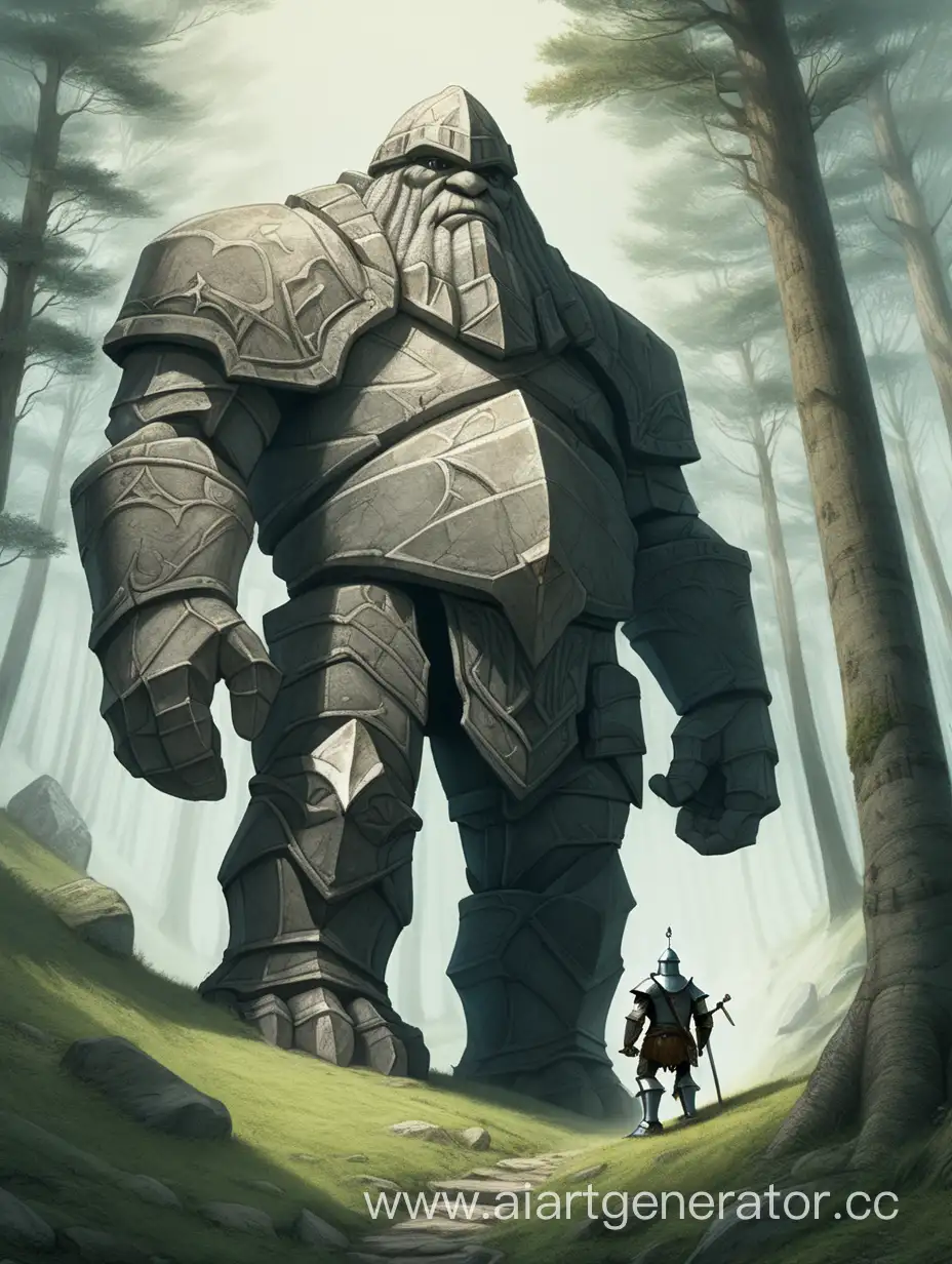 Каменный великан размером с гору идет по лесу а за ним наблюдает рыцарь с большого склона 