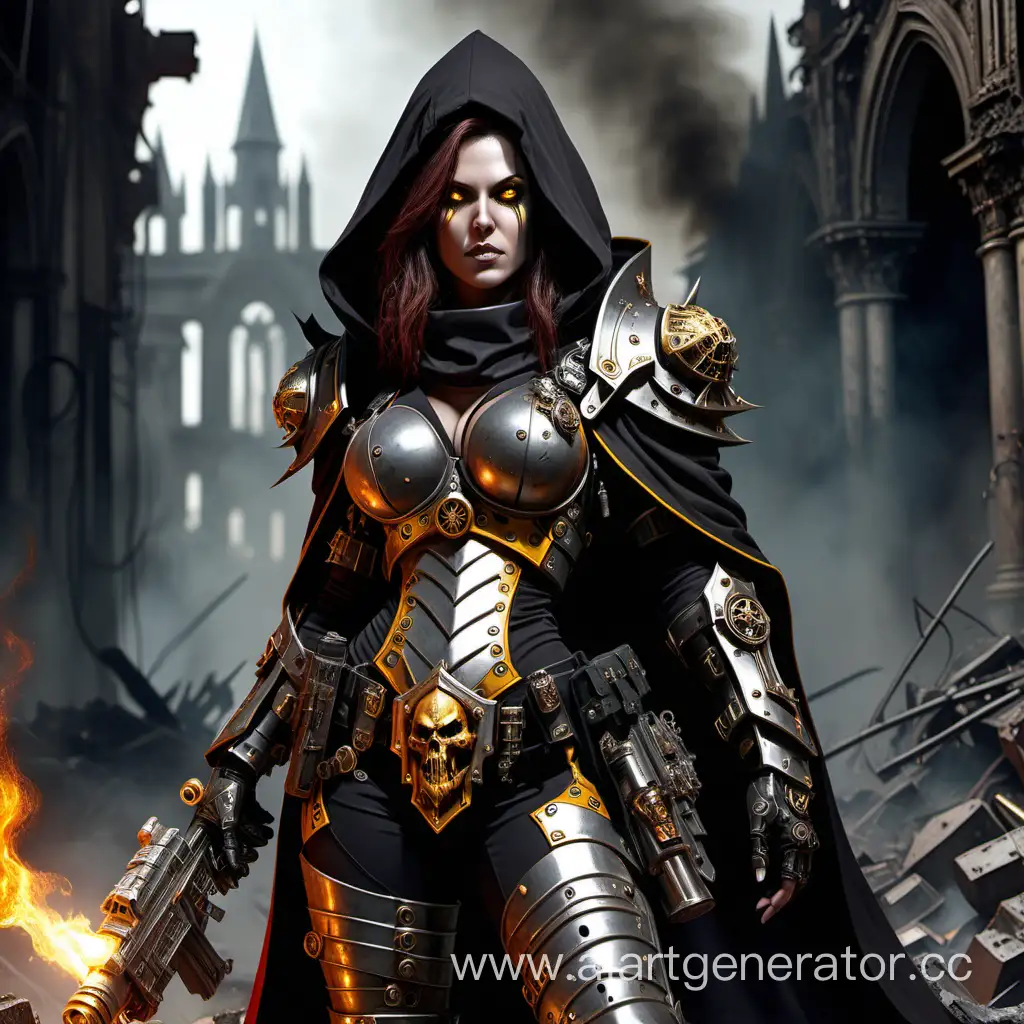 an attractive caucasian female adeptus mechanicus tech priest from Warhammer 40000, with dark tanned skin and yellow eyes and chin-length dark auburn hair, viewed from an angle, wearing a military uniform which consists of black pants and shirt under a black and silver hooded robe and a black tattered cloak and ornate gothic black and weathered power armor, with a gorget and breastplate over her chest that covers her breasts and cleavage, that has pipes and tubes coming out over her shoulders and going into a backpack, holding a burning power staff and a light bolter pistol, standing amidst the ruins of a battleground in a burning gothic city