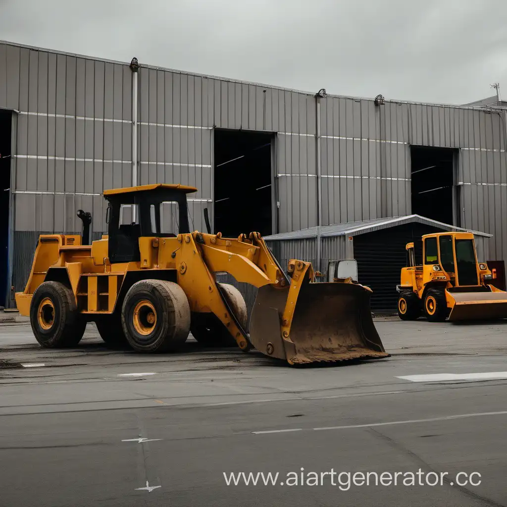 Industrial-Truck-and-Bulldozer-Parking-in-Front-of-Warehouses