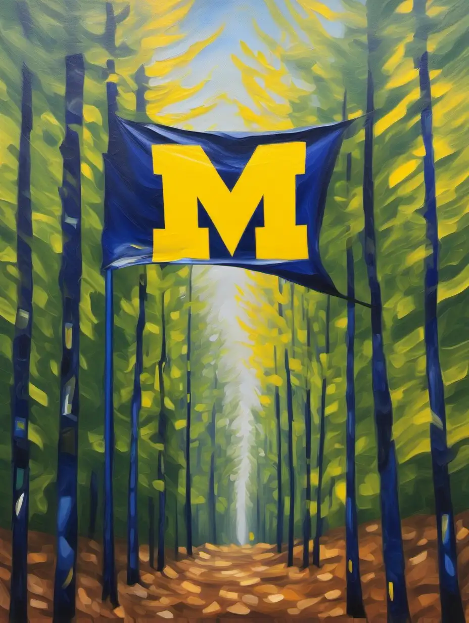 Oil painting, Abstract Forest with University of Michigan block M Flag
