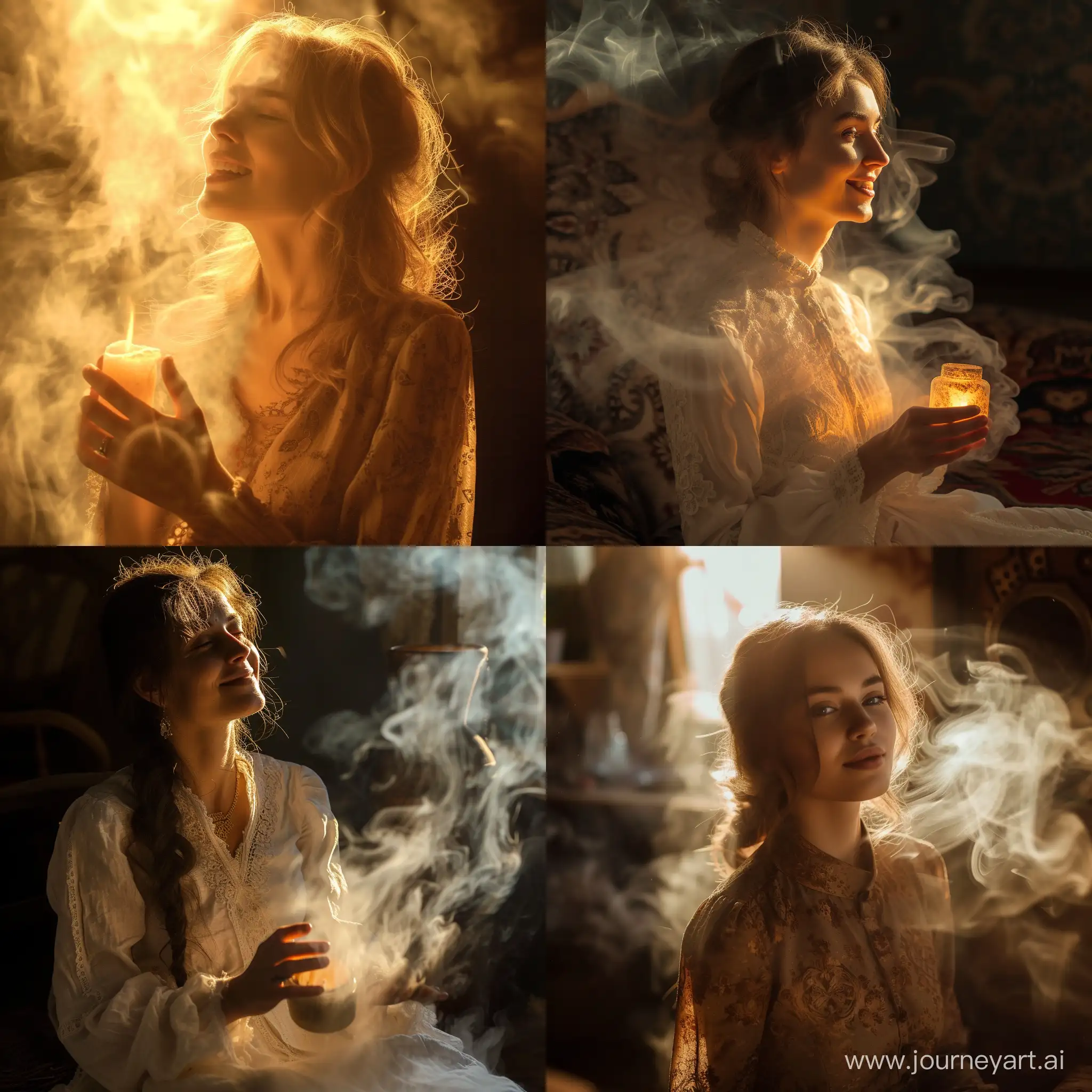 Slavic woman, joy, warm light, coziness, warmth, Slavic perfume in smoke