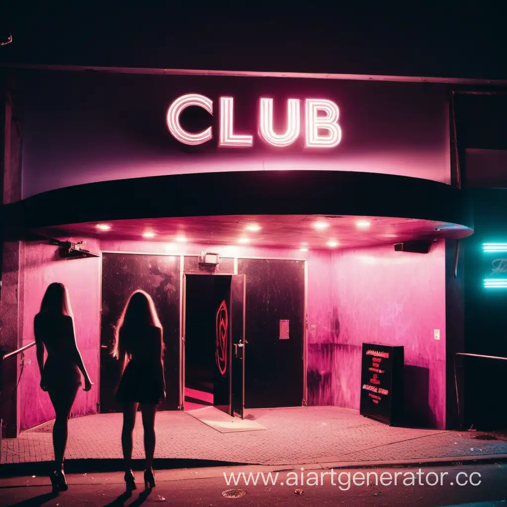 Вход в дорогой ночной клуб, сверху пустая надпись клуба, вокруг все светится, на входе стоят девушки разговаривают, рядом припаркована машина. Немного дыма