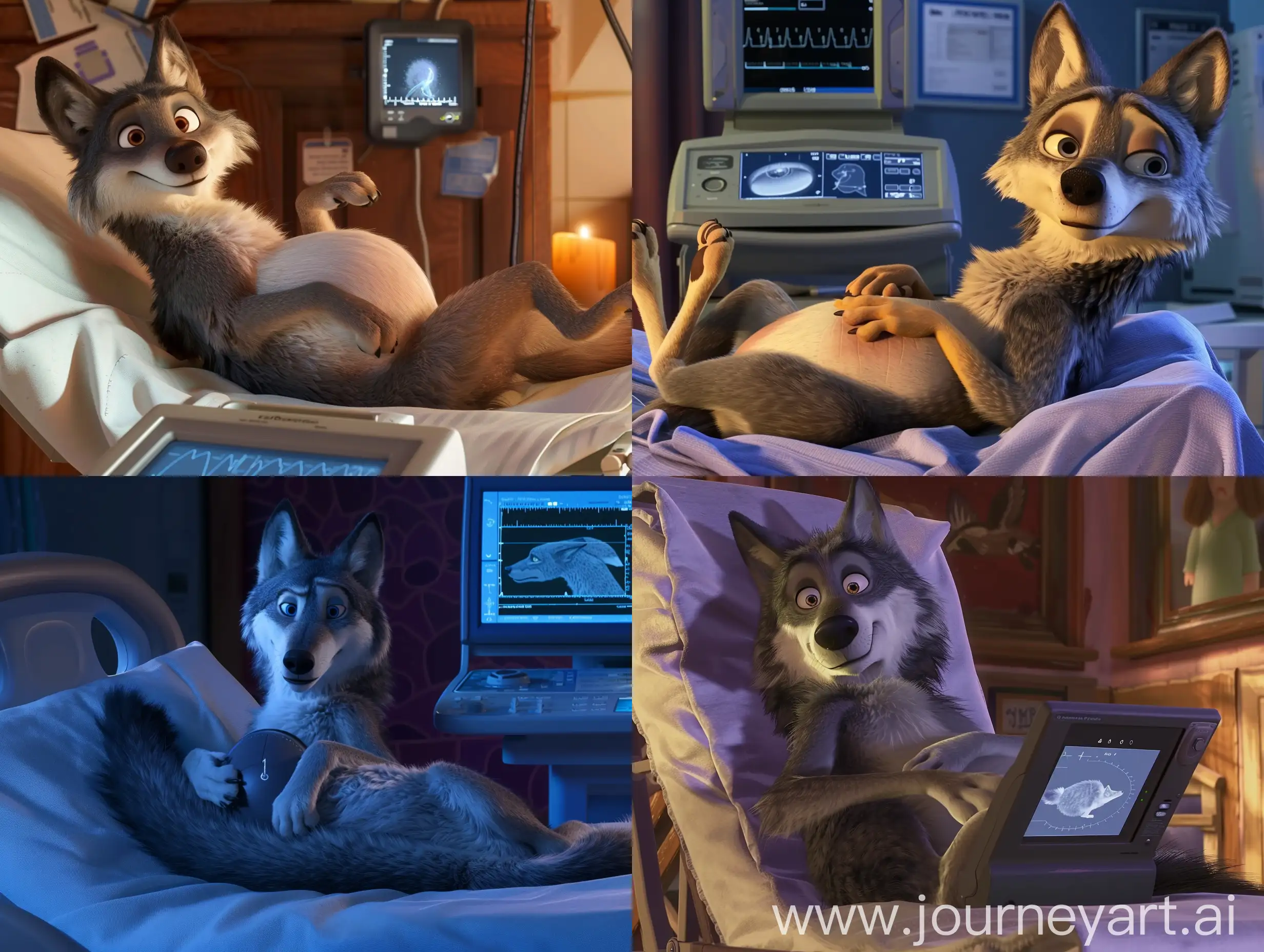 scene from a pixar animation featuring a pregnant wolf having an ultrasound, lying on her back