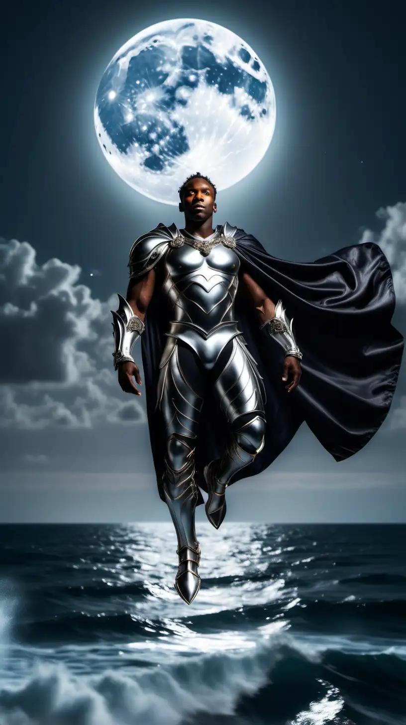 
Lighting traveling over the ocean surface with a black man in silver amor floating above with cape and full moon in background
