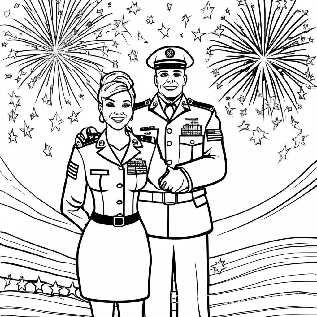 US ARMY military MOM hair up in uniform with husband and fireworks, Coloring Page, black and white, line art, white background, Simplicity, Ample White Space. The background of the coloring page is plain white to make it easy for young children to color within the lines. The outlines of all the subjects are easy to distinguish, making it simple for kids to color without too much difficulty
