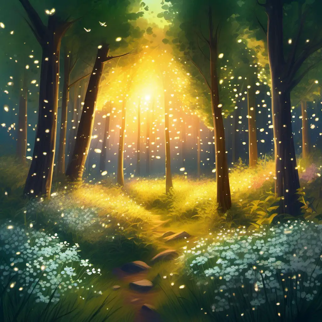 Enchanting Summer Sunset in a Blooming Forest with Fireflies