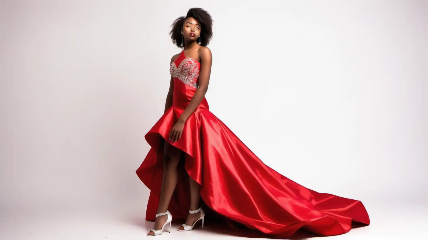 full body african american high school model looking into the distance on an angle in a red prom dress  with a white background dont cut off the feet