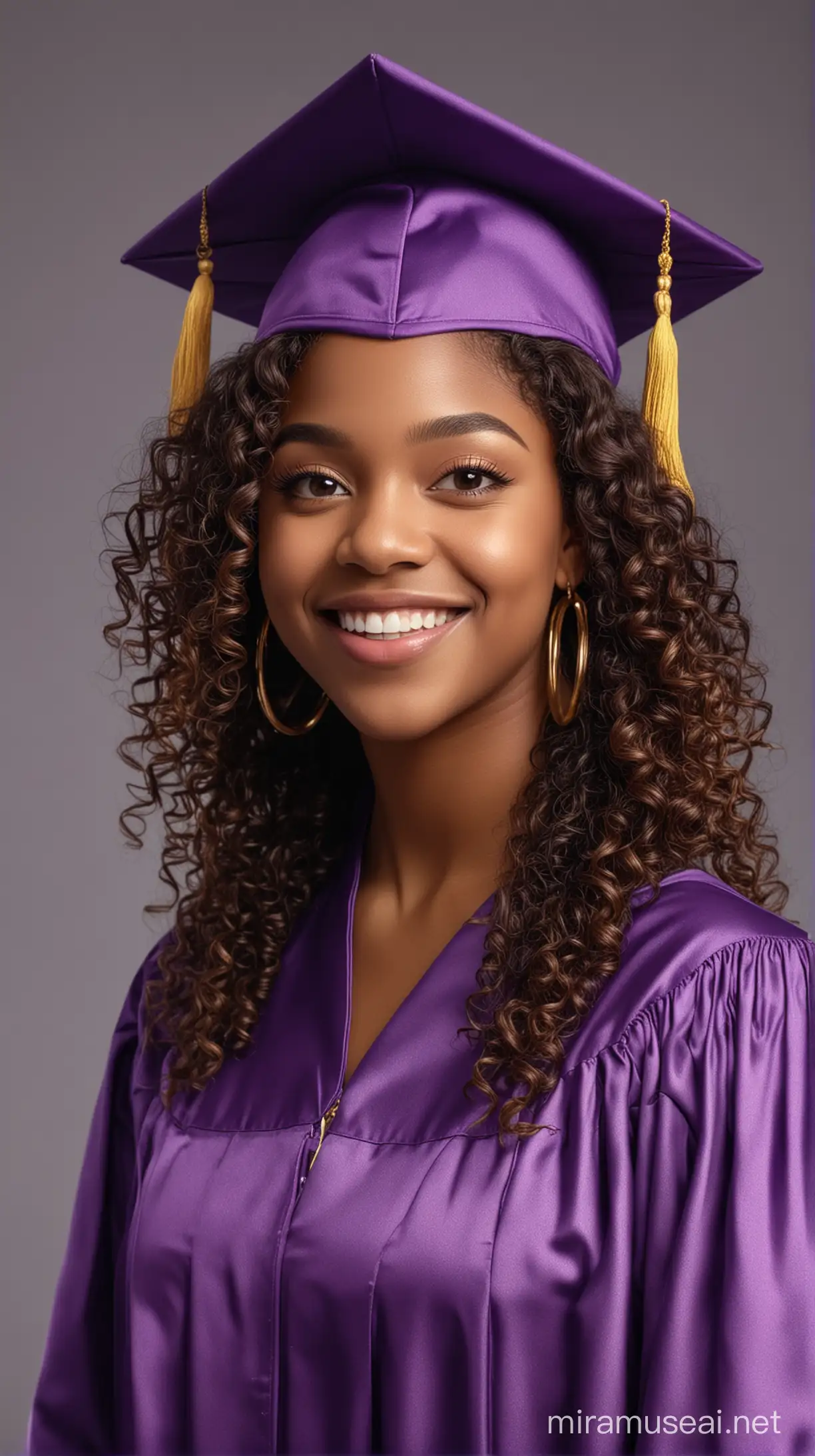 a hyper-realistic African American young lady around the age of 17. She is wearing a purple graduation cap and gown. She has long ombre curly hair, long lashes, long nails with polish, gold hoop earrings. She is smiling and posing for professional graduation photos, full view, looking at camera, 4k 
