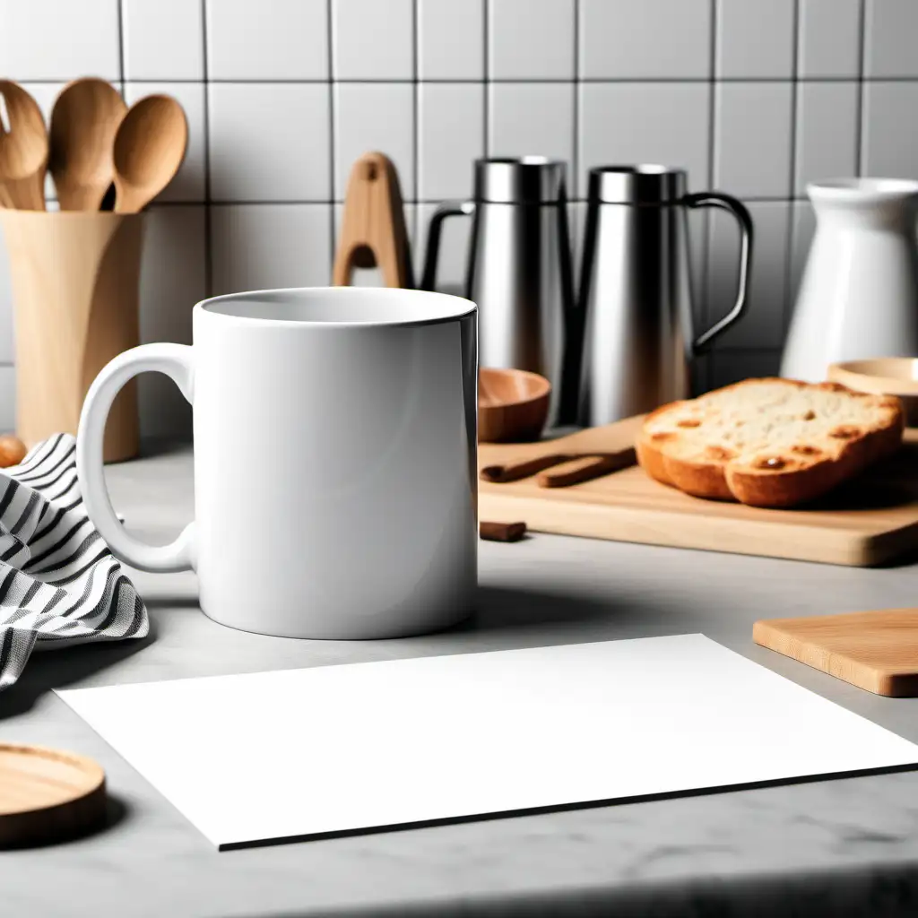 Uma maquete plana com uma caneca grande, em branco, em cima da mesa, com objetos de cozinha em volta.
