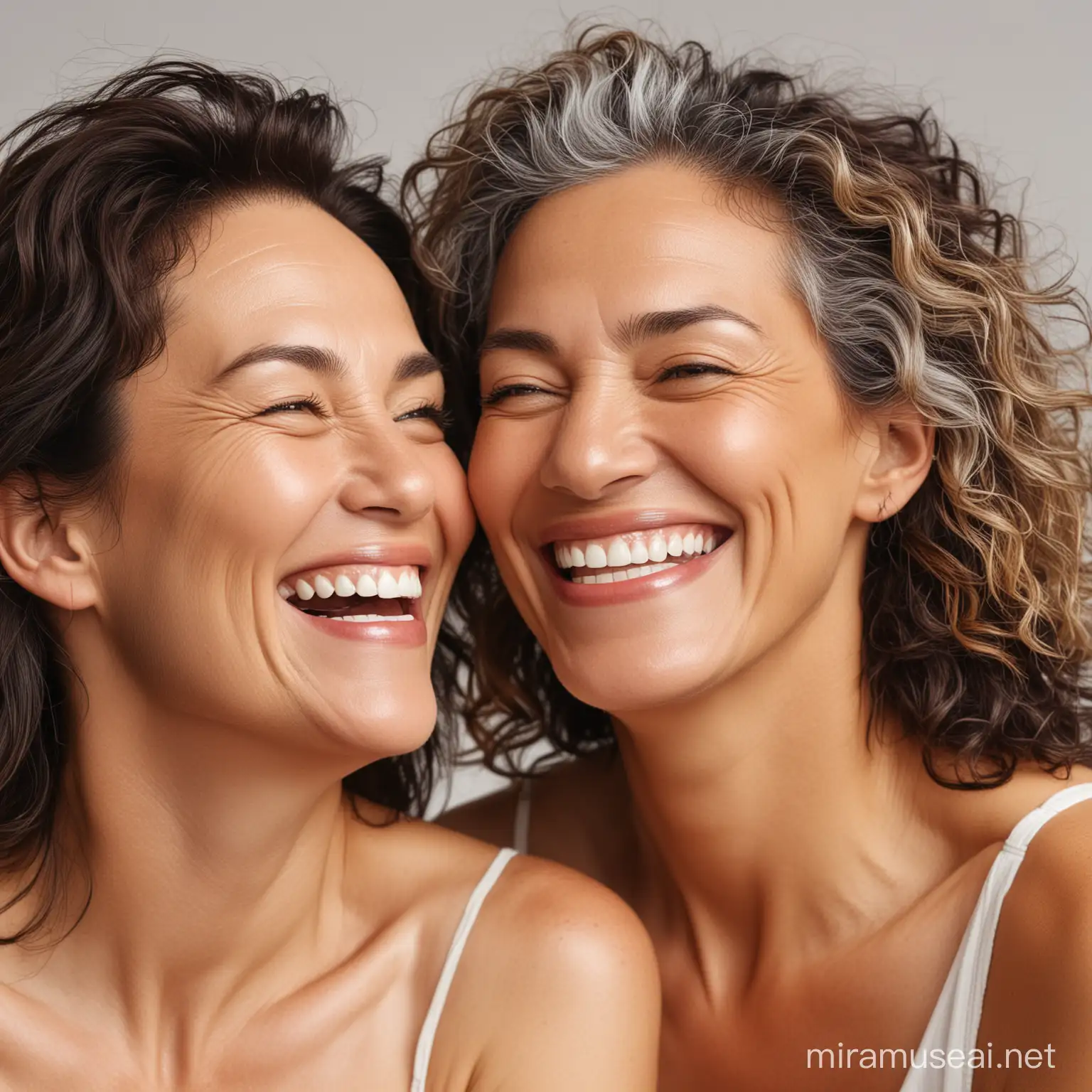 three laughing women with radiant skin aged 45+ different races looking at each other