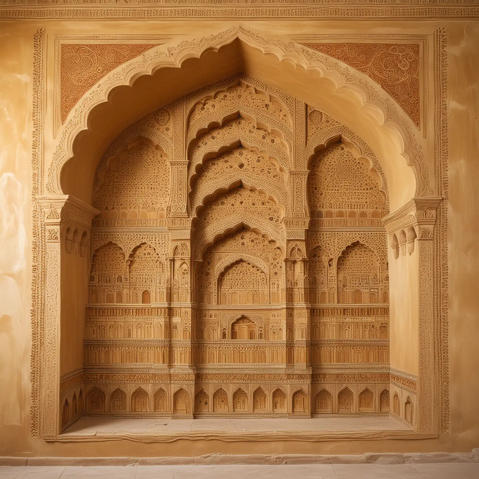 3d painted, coloured,  decorative wall mural on a plaster wall in the style of the interior walls of Jaisalmer Fort