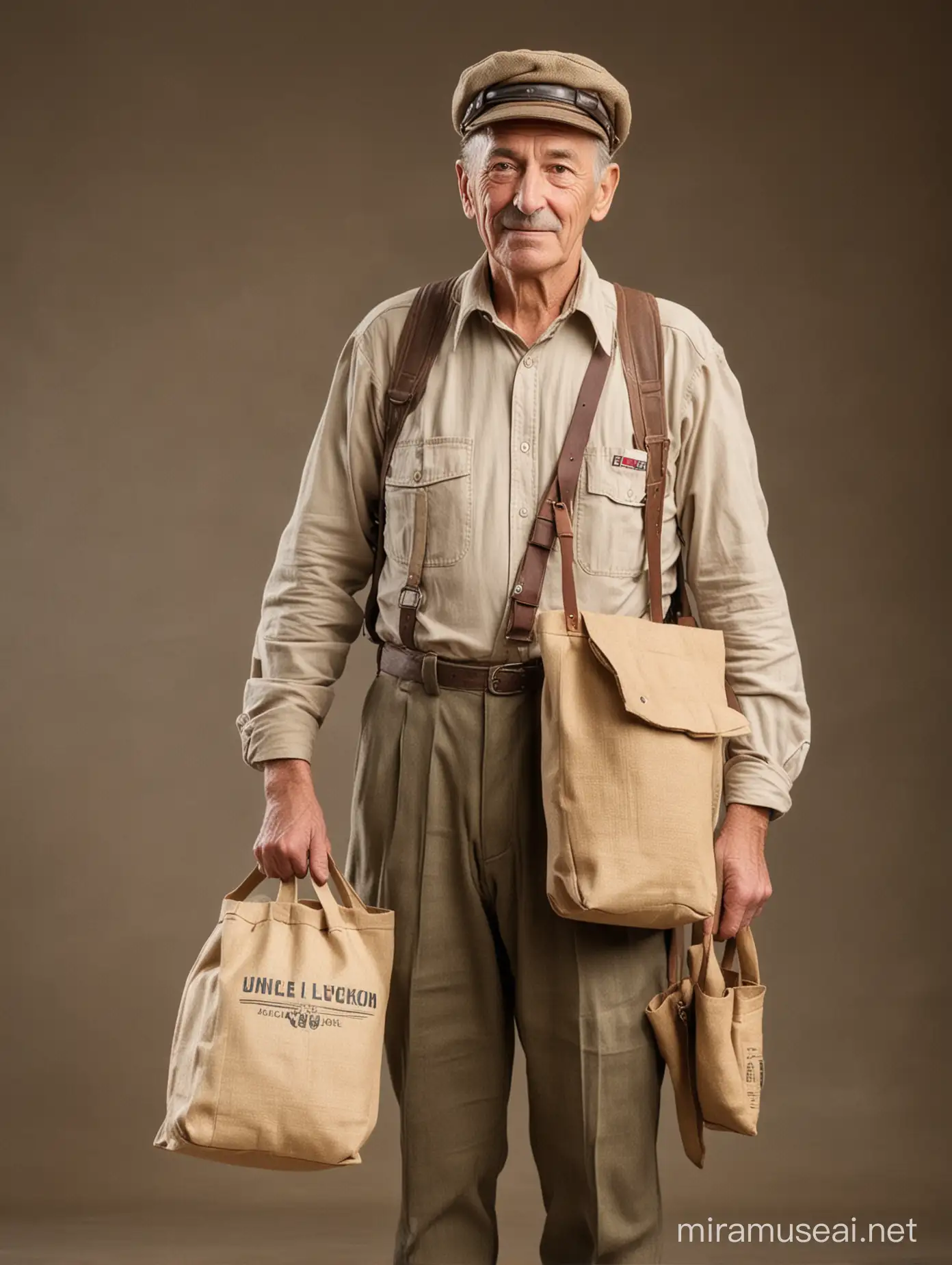 Дядько Левко — височенний, худющий, з брезентовою поштарською сумкою через гостро підняте вгору плече