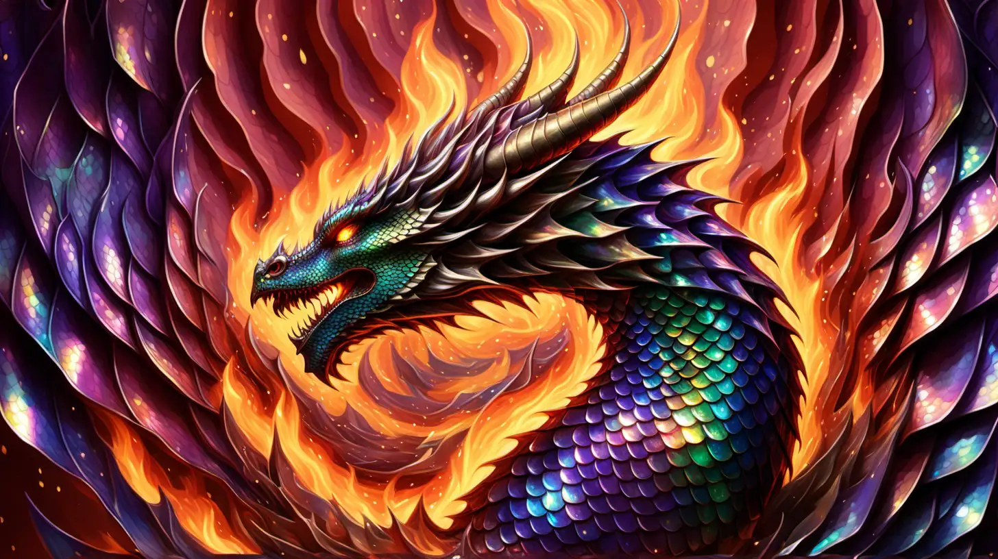 The background shimmers iridescently with dragon scales, with flames flickering between them.