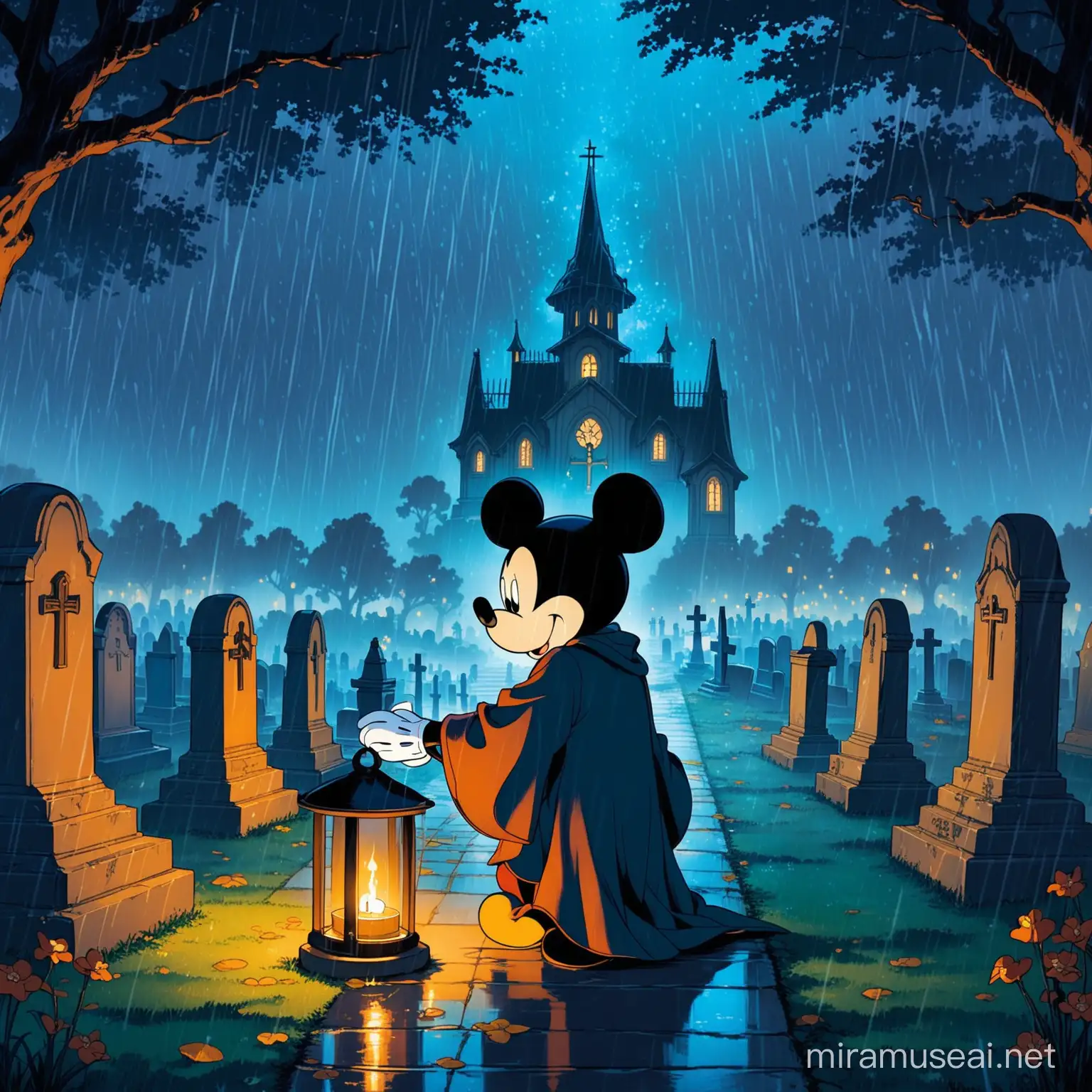 Mickey habillé en apprenti sorcier de Fantasia, réfléchissant au sens de la vie, et pleurant devant sa tombe, au milieu d'un cimetière, une nuit pluvieuse