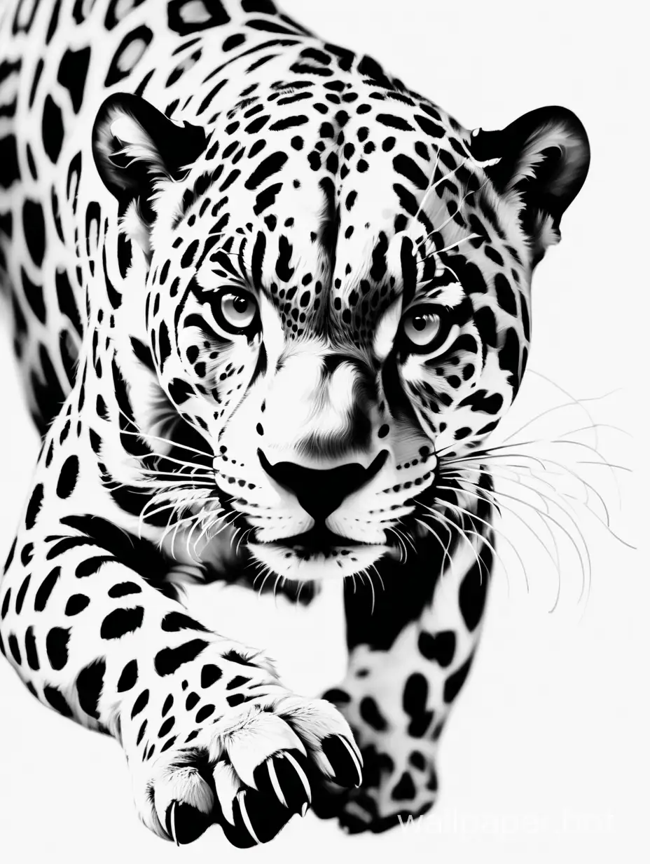 jaguar pouncing, front view, macro camera, focus on face, arm furry paw reaching toward the camera, claws out, lineart, black, white, white background