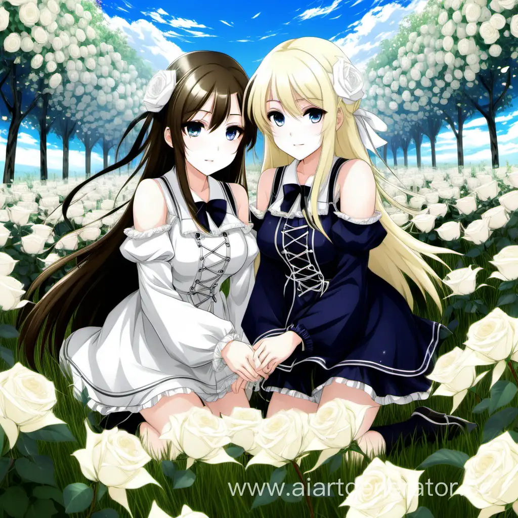 Аниме две девушки брюнетка и блондинка на поляне белых розь