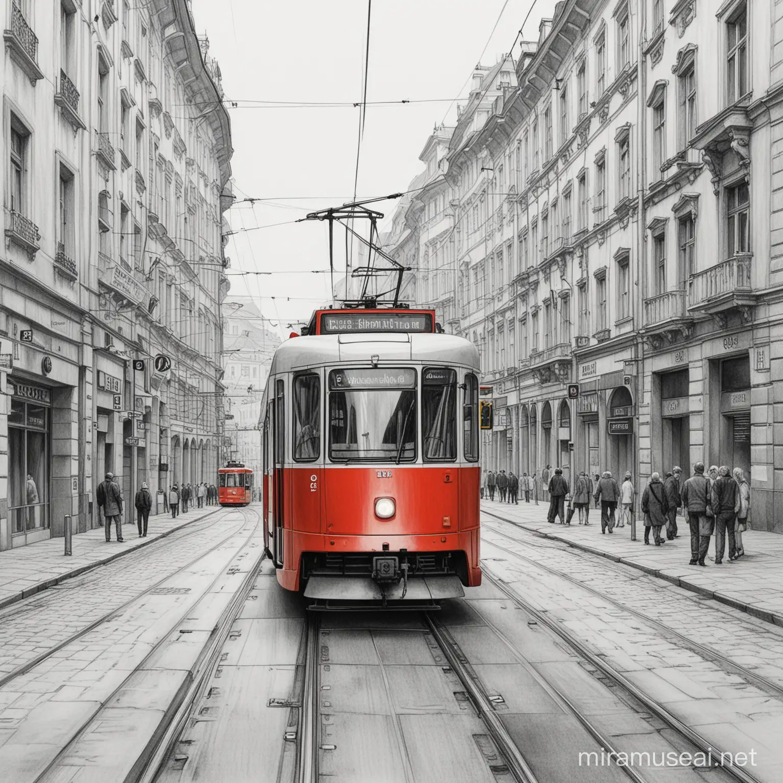vytvoř kresbu moderní tramvaje která je červená a projíždí městem BRNO. Jedná se o kresbu tužkou

