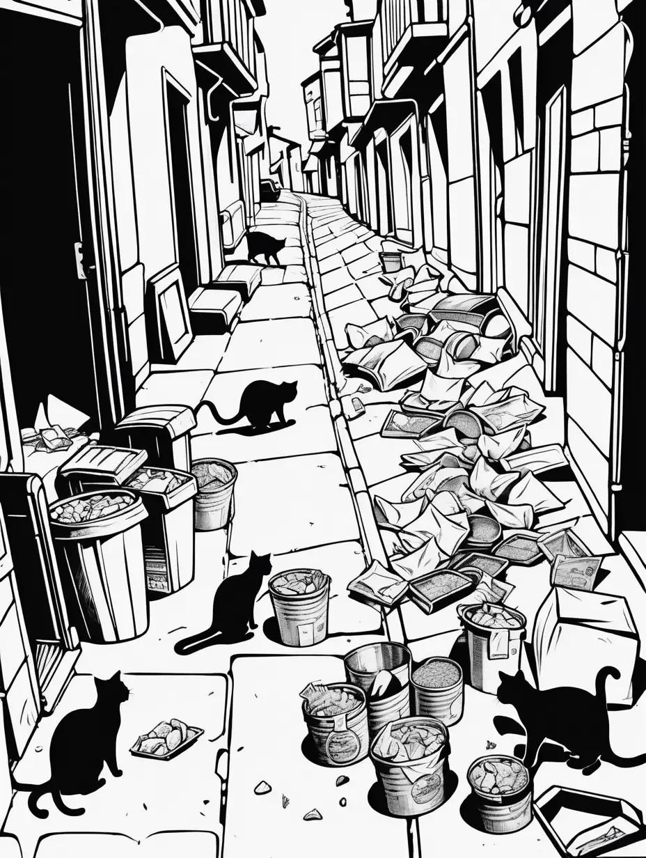 Stray Cats Searching for Food on the Street Black and White Outline