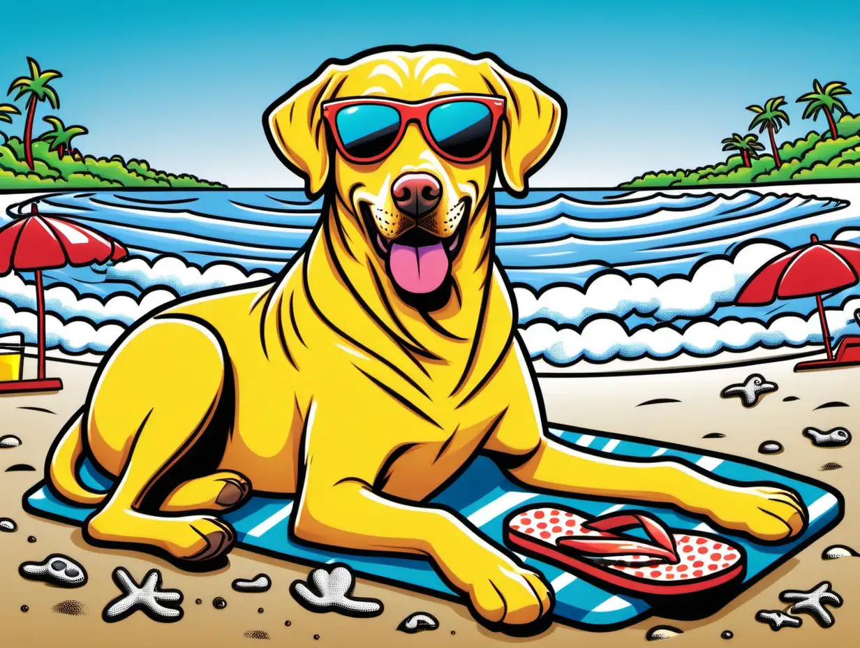 a cartoon manly yellow labrador retriever with sunglasses and flip flops, chilling at the beach, vibrant color, in the style of Keith Haring
