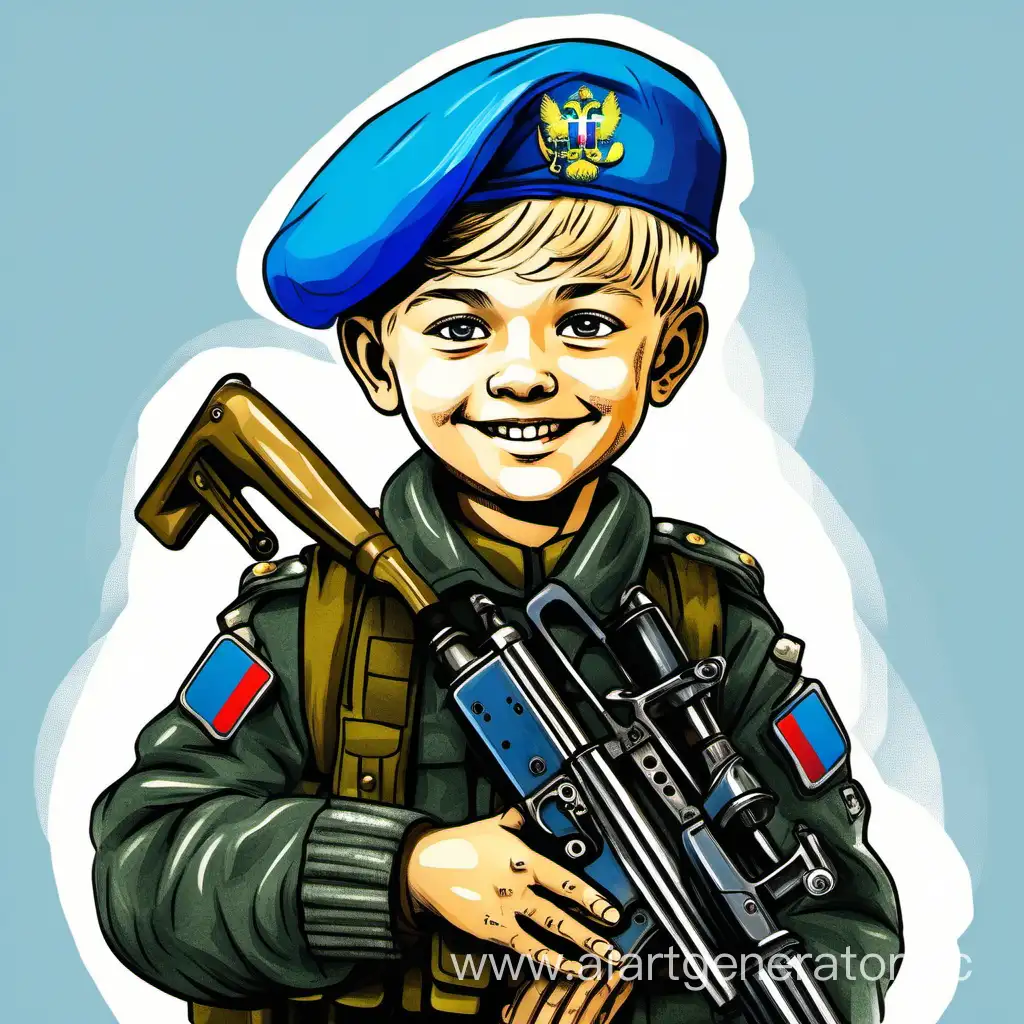 нарисованный русский мальчик в голубом берете десантника и военной форме, держит автомат и улыбается