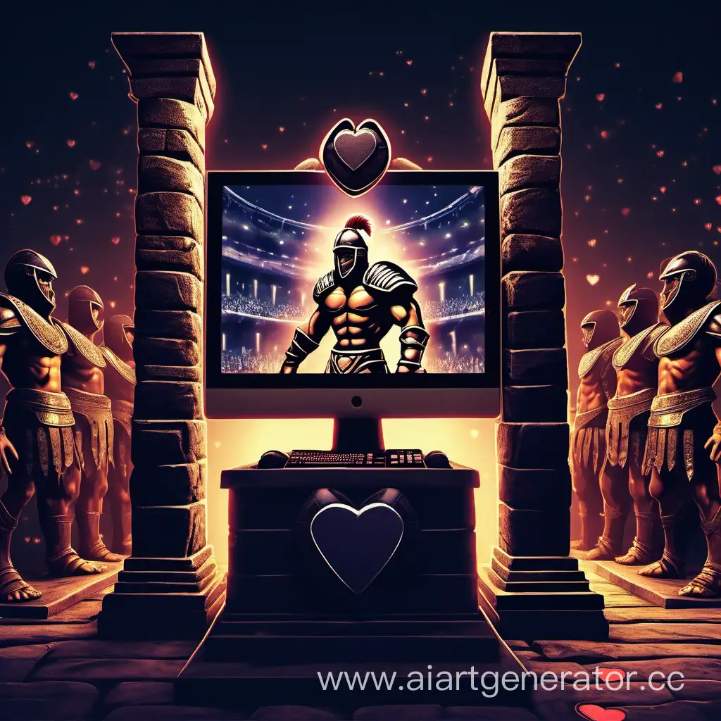 Парень играет в компьютер ночью на экране игра где гладиаторы сражаются за сердце на пьедестале