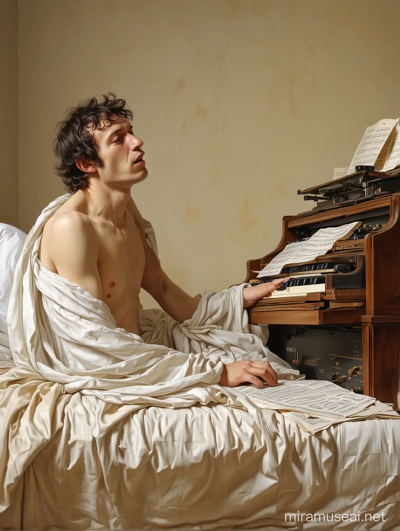 Highly detailed painting based closely on (("The Death of Marat" by Jacques-Louis David)), a man lies on a bed with sheet music in his hand, a ((synthesizer keyboard)) lies across the bed, use muted colors only, high quality