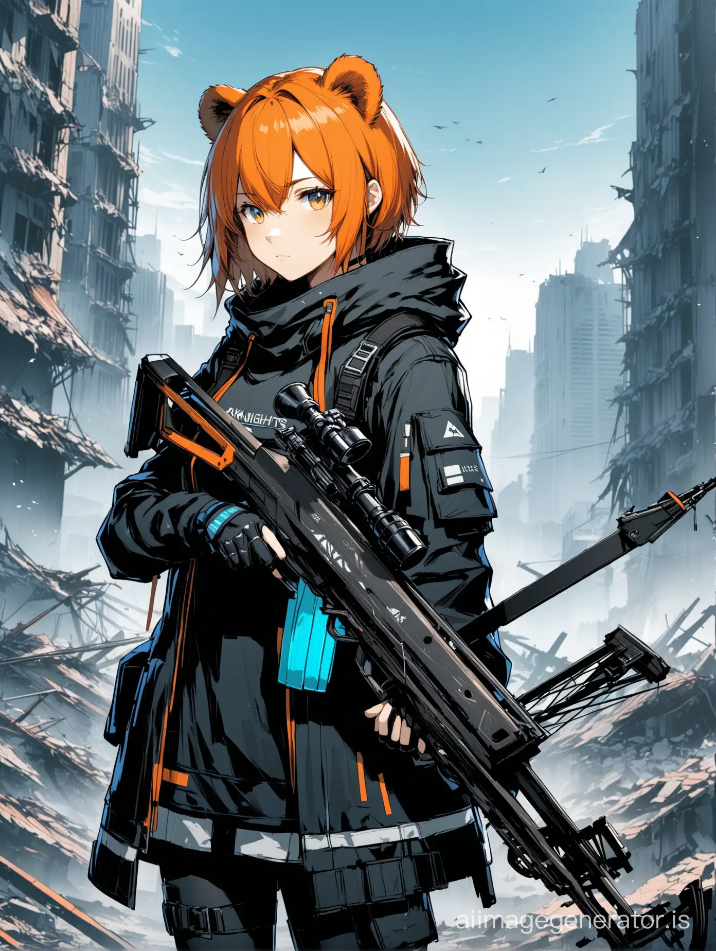 Arknights, (((Arknights))) ursus girl, bear ears, orange short hair, with a crossbow, against the background of destroyed city, (((black clothes with blue elements)))