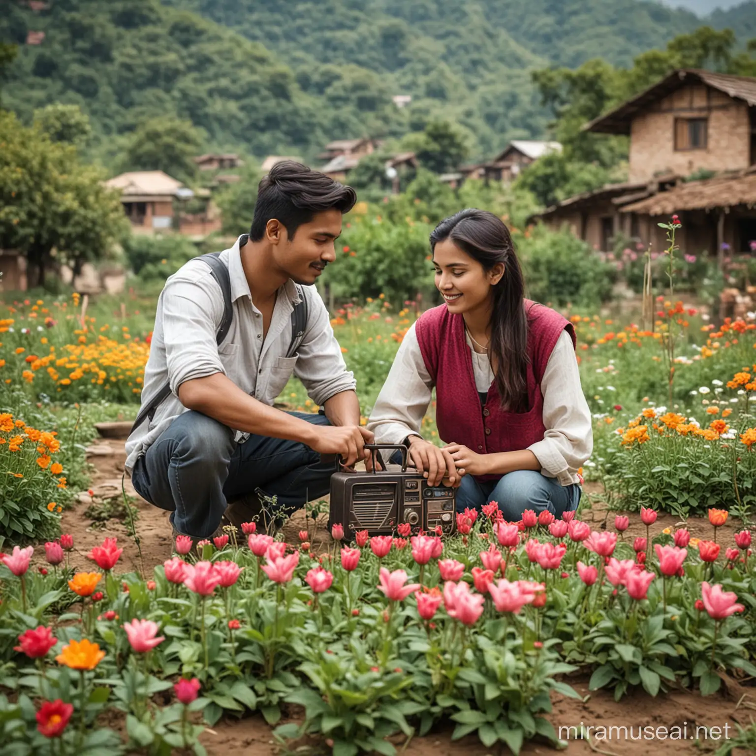 Create beautiful Nepali village and young couple are working in flower garden listening and old radio.reListic, HDe