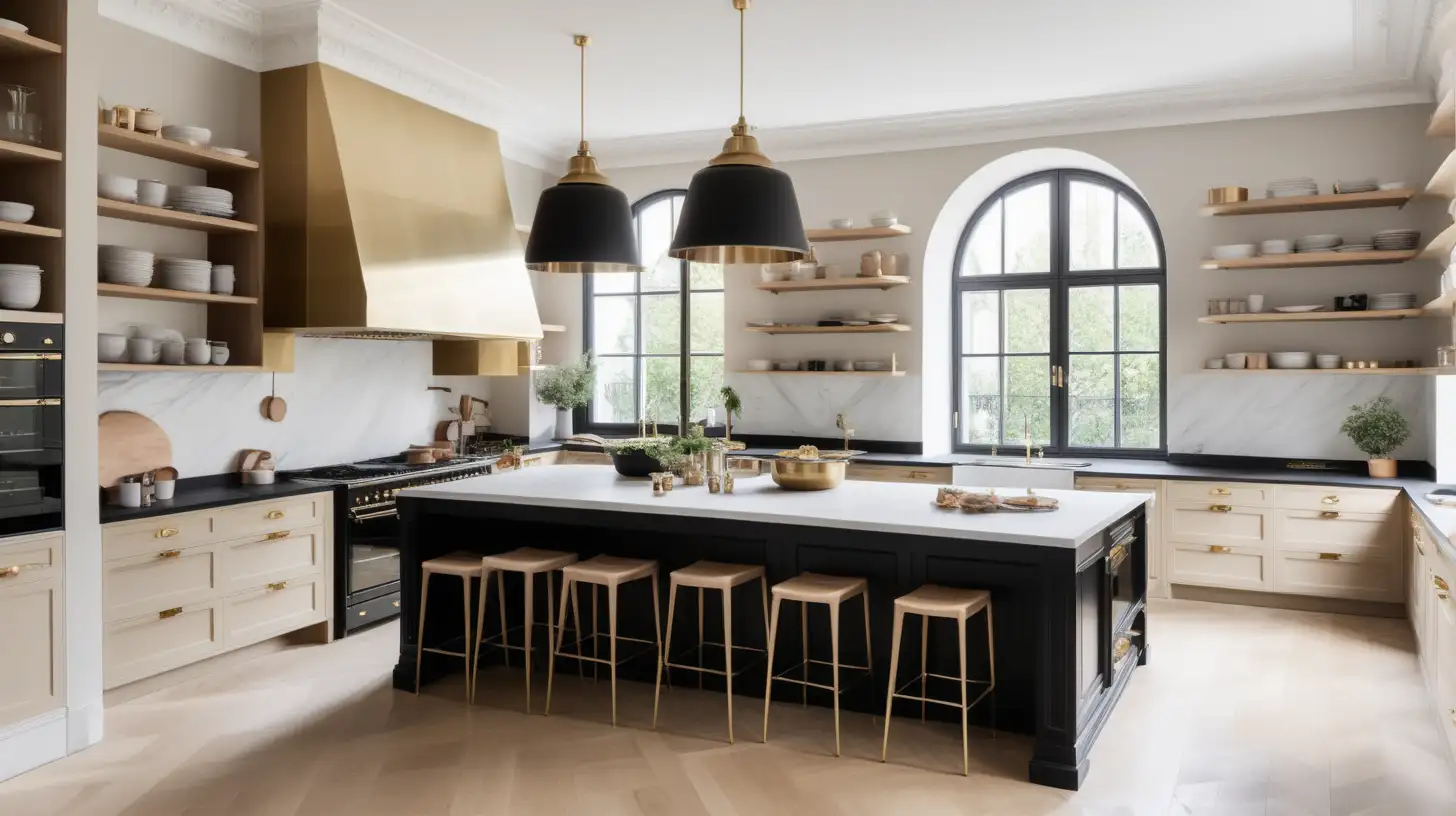 Modern Parisian large open kitchen; large double windows; double islands; open shelves; Ilve 120cm freestanding oven; beige, light oak, brass, black colour palette; 