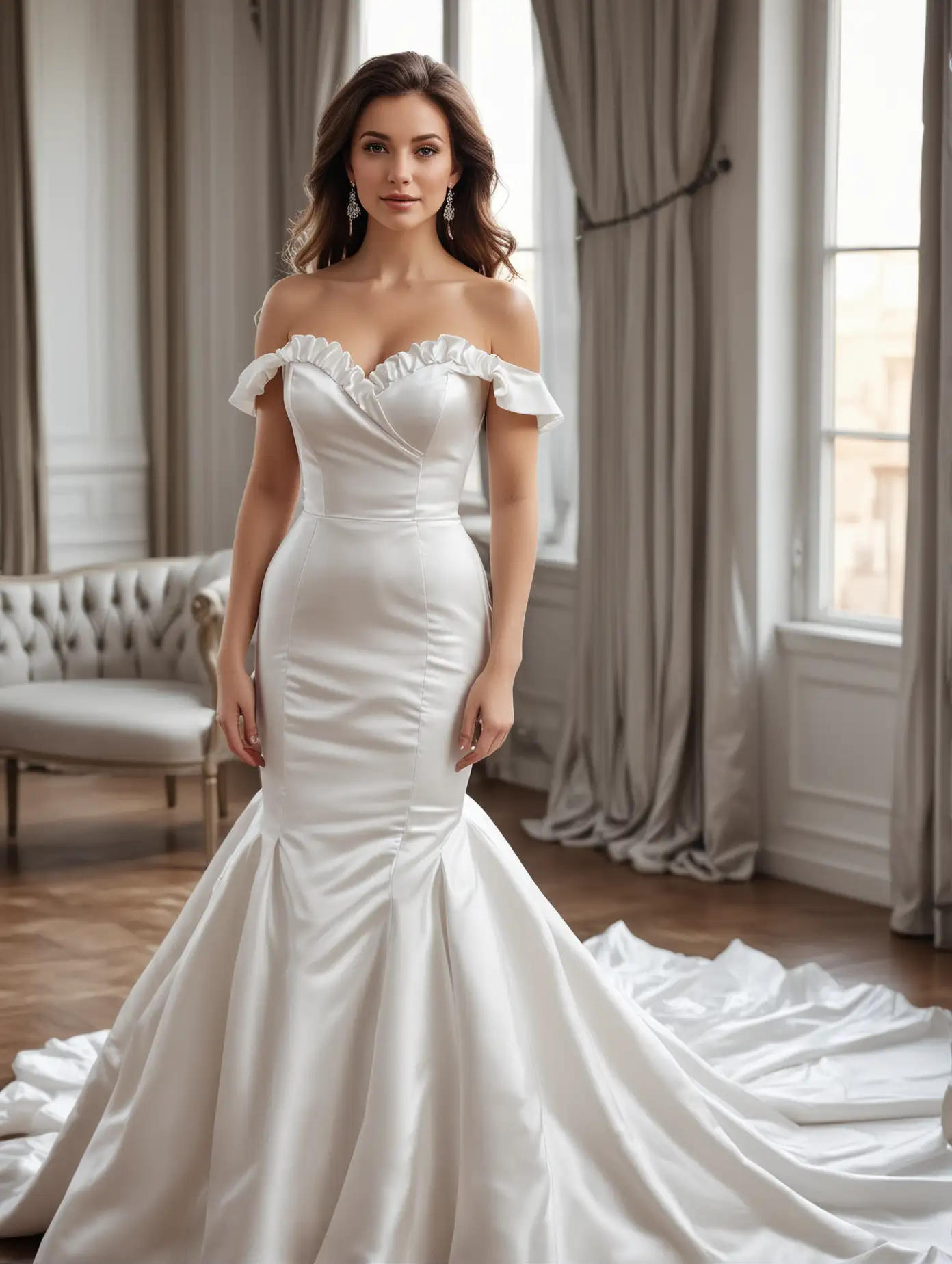 Caucasian woman, charming eyes, elegant off-shoulder mermaid white satin wedding dress with ruffles on the shoulders and train. Facing the camera, simple design, no wrinkles in the fabric. It features high-resolution photography with sharp facial features, just like a fashion magazine style photo shoot. Beautiful model in indoor environment with natural light