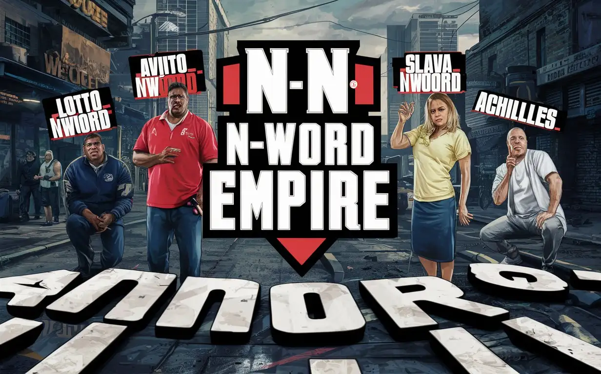 Nword Empire логотип, должны быть люди на фоне из GTA SA, а буквы как будто на земле, люди должны быть подписаны: Lotto_Nword, Avito_Nword, Linna_Adams, Slawa_Nword, Achilles_Lemers, Slarty_Nword