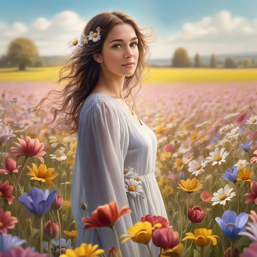 create a realistic image of a woman full of love, facing us, standing in a field of flowers, 