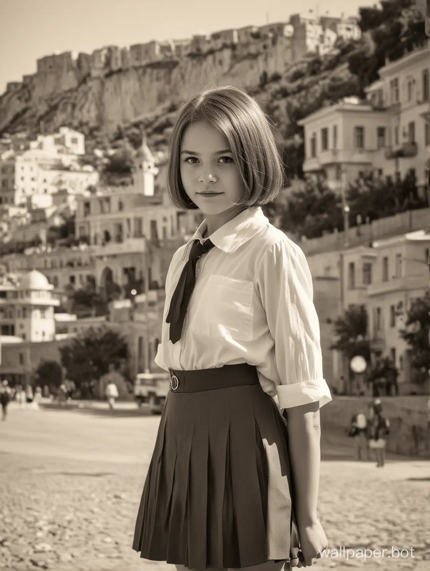 A pretty Soviet girl 11 years old with a bob haircut, full-length, Crimea, schoolgirl, black and white photograph, sepia, posing against the background of Yalta,