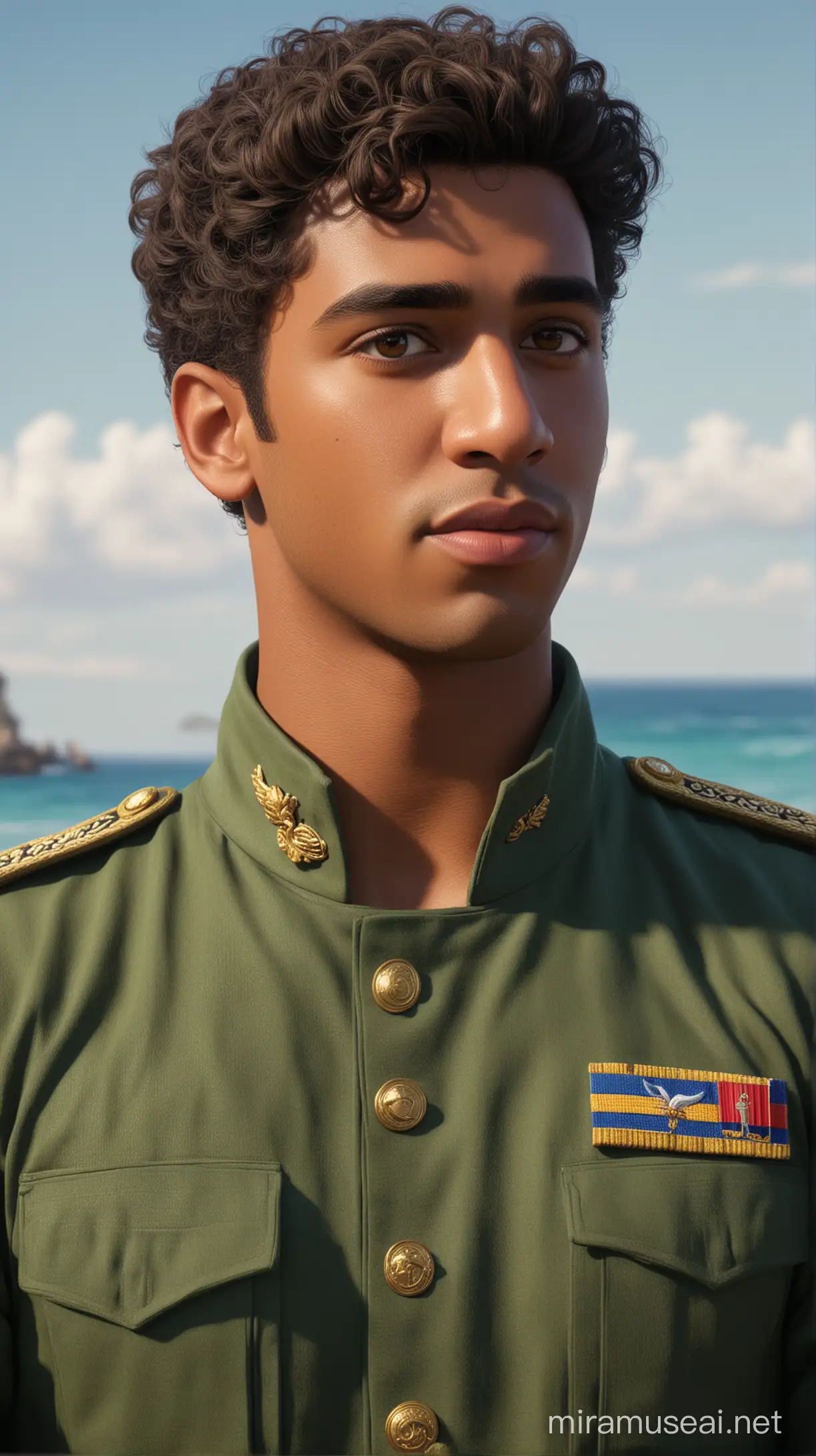 in a sea natural background military there are disney prince Naveen is  African American 21-years and short hair shaved at the curly sides and brown eyes and  long face and camouflage military uniform and navy and muscled an face beautiful 8k re solution ultra-realistic