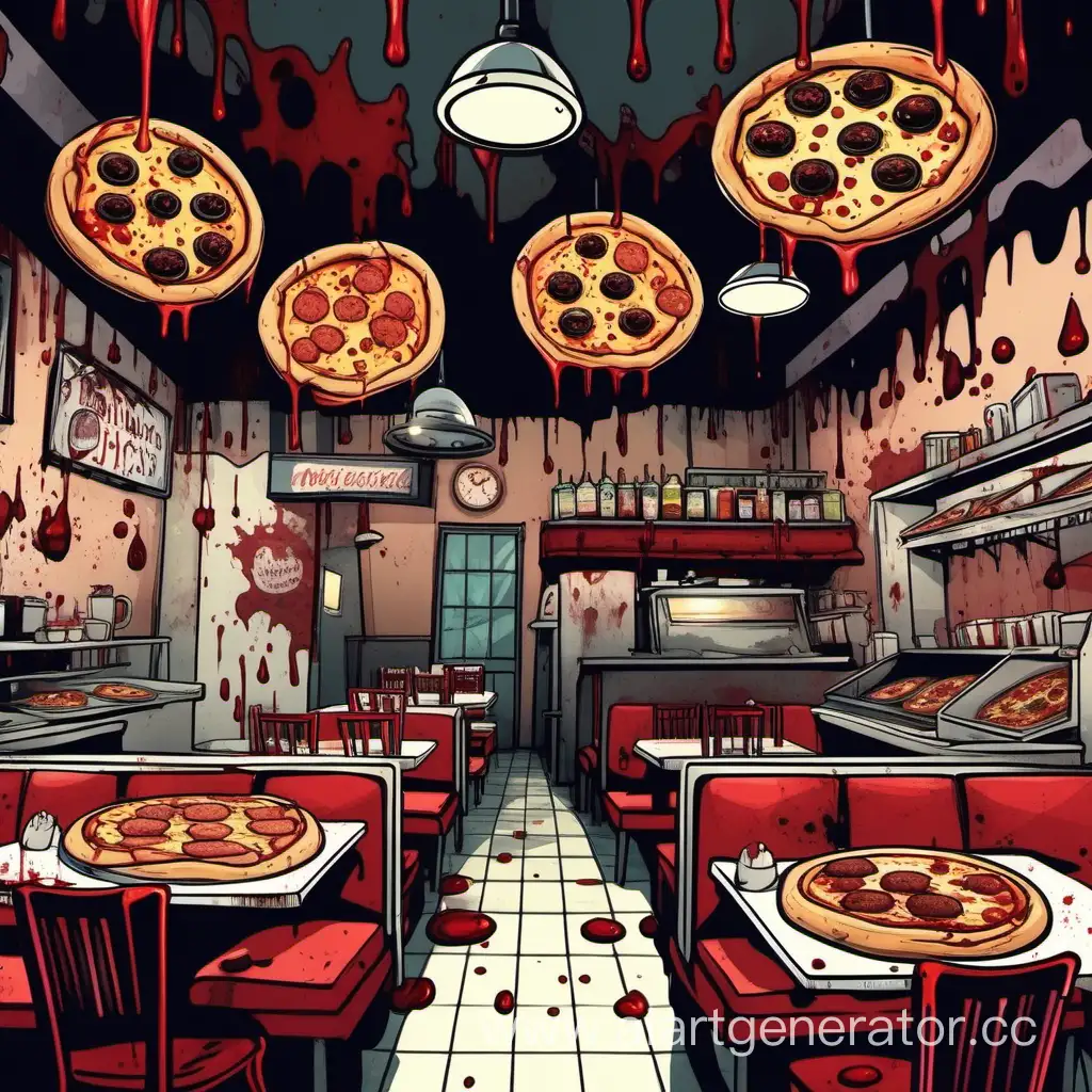 Scary cartoonish cafe with bloody pizzas and burgers