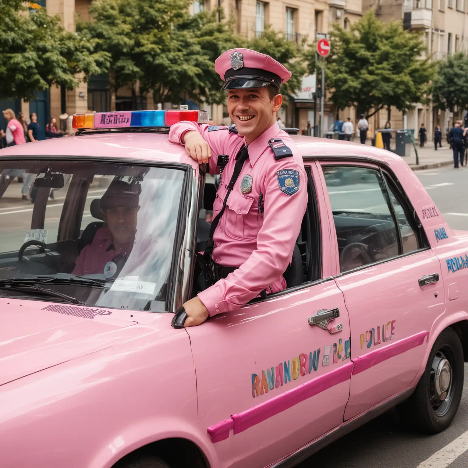 w tęczowym samochodzie policyjnym siedzi policjant ubrany w różowy mundur, atmosfera radości
