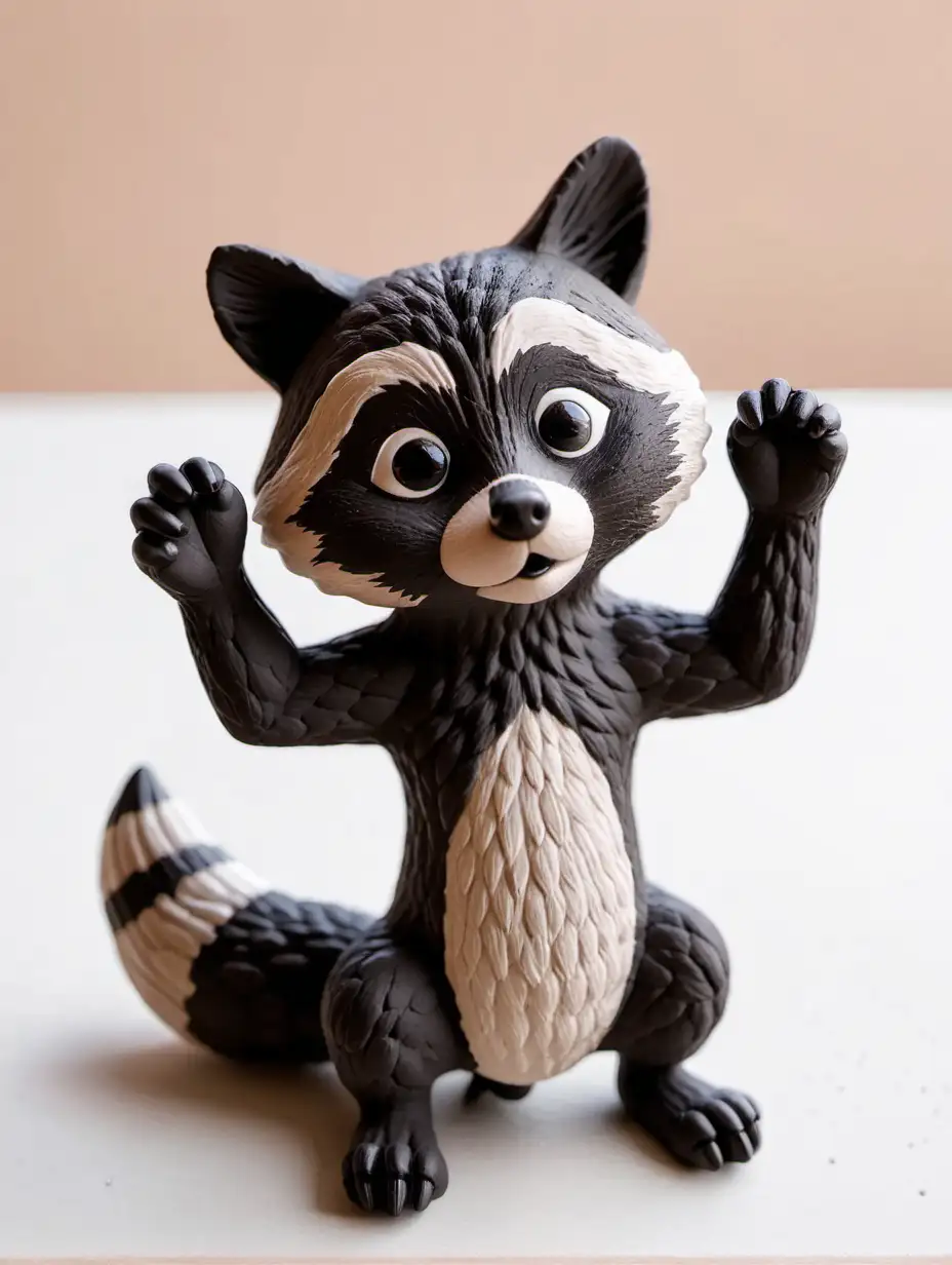 racoon made of clay with claws in the air and with  black on top of the nose
