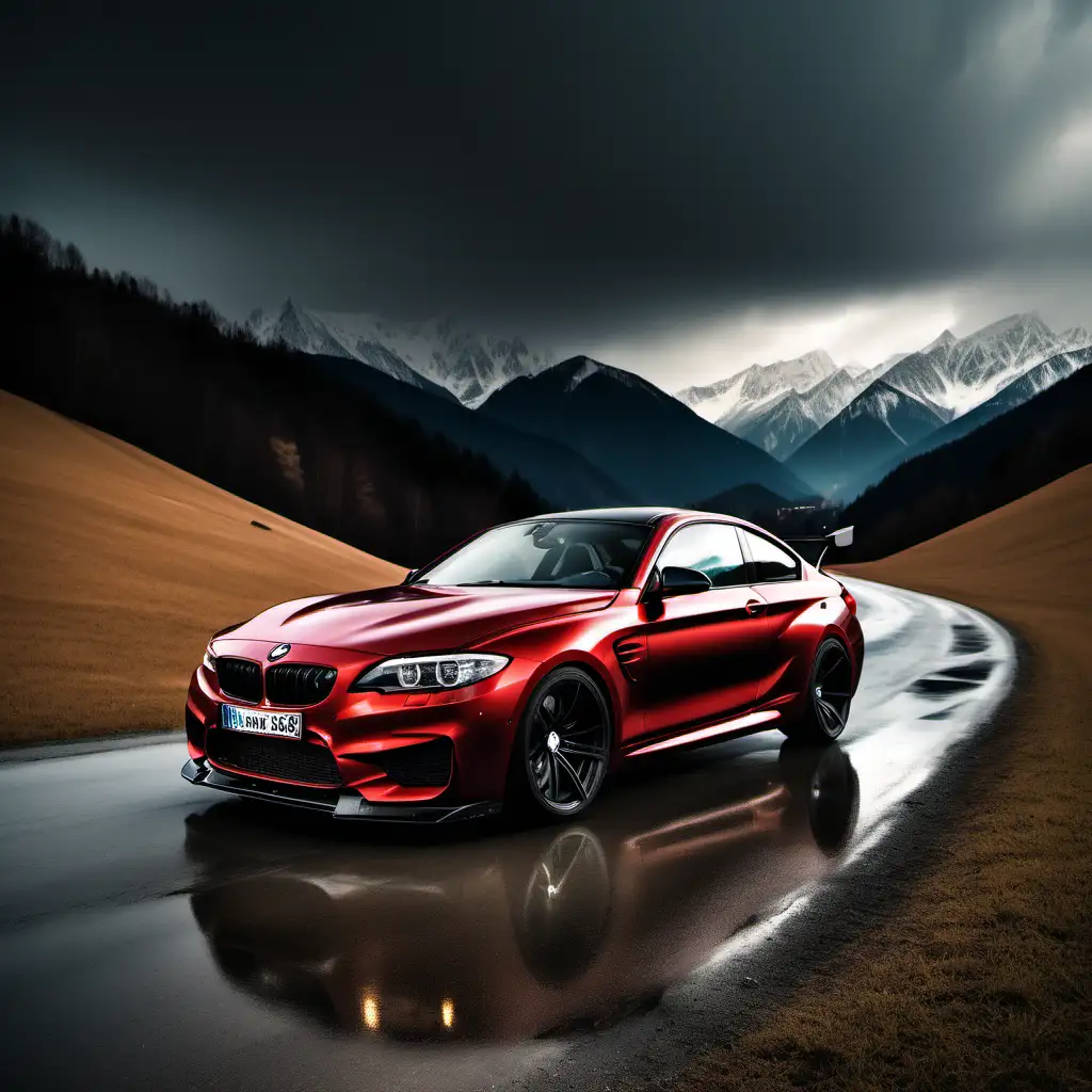 „Napisz żywą i wciągającą historię zainspirowaną zdjęciem RAW, przypominającą styl National Geographic, uchwyć zapierające dech w piersiach piękno Austryjackich gór . Scena obejmuje nieoczekiwaną obecność samochodu BMW M Power kolor czerwono czarne mat,tuning. zakryta tablica z numerami. subtelnie dostrojonego, pośród mokrego krajobrazu, pochmurne niebo.  Poznaj wpływ warunków pogodowych, grę długich cieni i duże kontrasty w otoczeniu. Zdjęcie zostało zrobione aparatem Sony Alpha 1 z obiektywem 50 mm f/1.8 i przysłoną f/11 , czas otwarcia migawki 1/200 s, czułość ISO 100 i realistyczna jakość HD 8K. Wykorzystaj takie elementy, jak HDR, XDR, ostrość, wyostrzanie, szerokokątna rozdzielczość 8K, HDR10 efekt Kena Burnsa i ulepszenia Adobe Lightroom. 