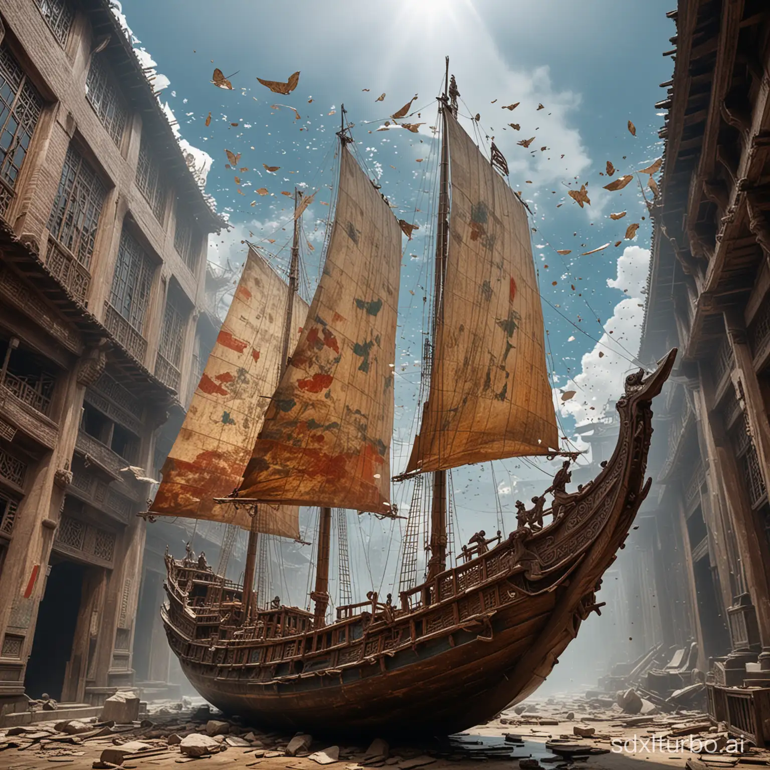 Looking up at the sky. A 3D model of an ancient Chinese carved bow painted large ship and a large sailboat in the sky is made of old materials that have weathered for many years. This big ship drifted into the sky and collided with the glass curtain of the old building, shattering and splattering glass.