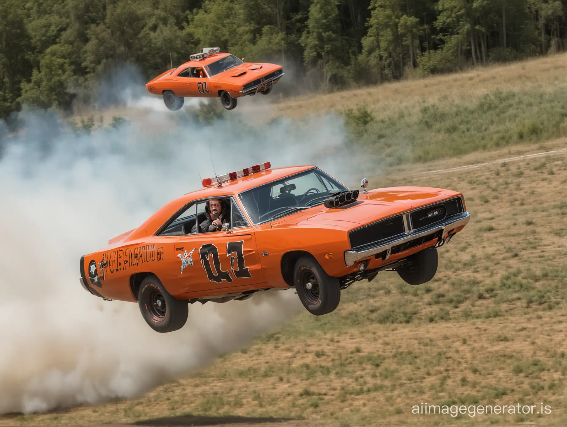 Dukes of Hazard General Lee Dodge Charger flying through the air over a 1970’s police car